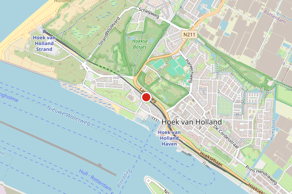 Brandweer-melding op Nieuwe Waterweg, Hoek van Holland op 4 augustus, kaart-overzicht